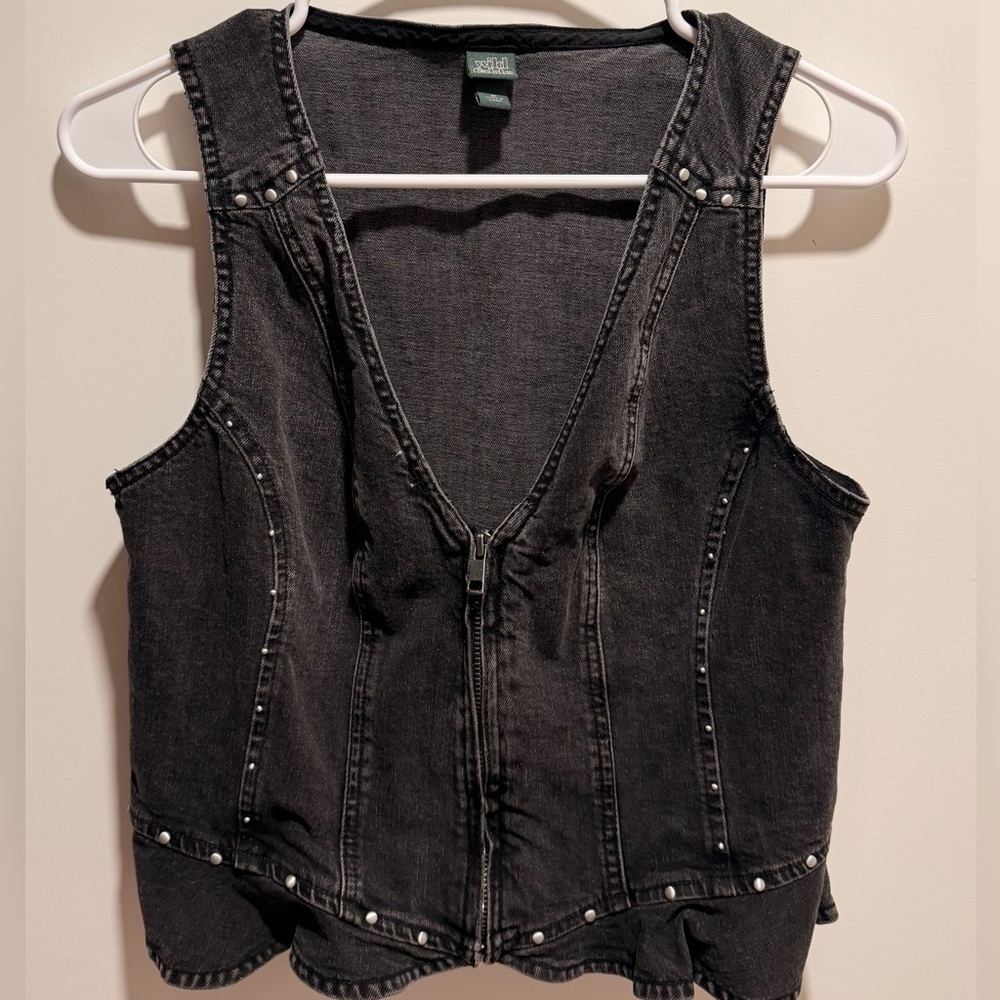 Black Studded Denim Zip-Front Vest